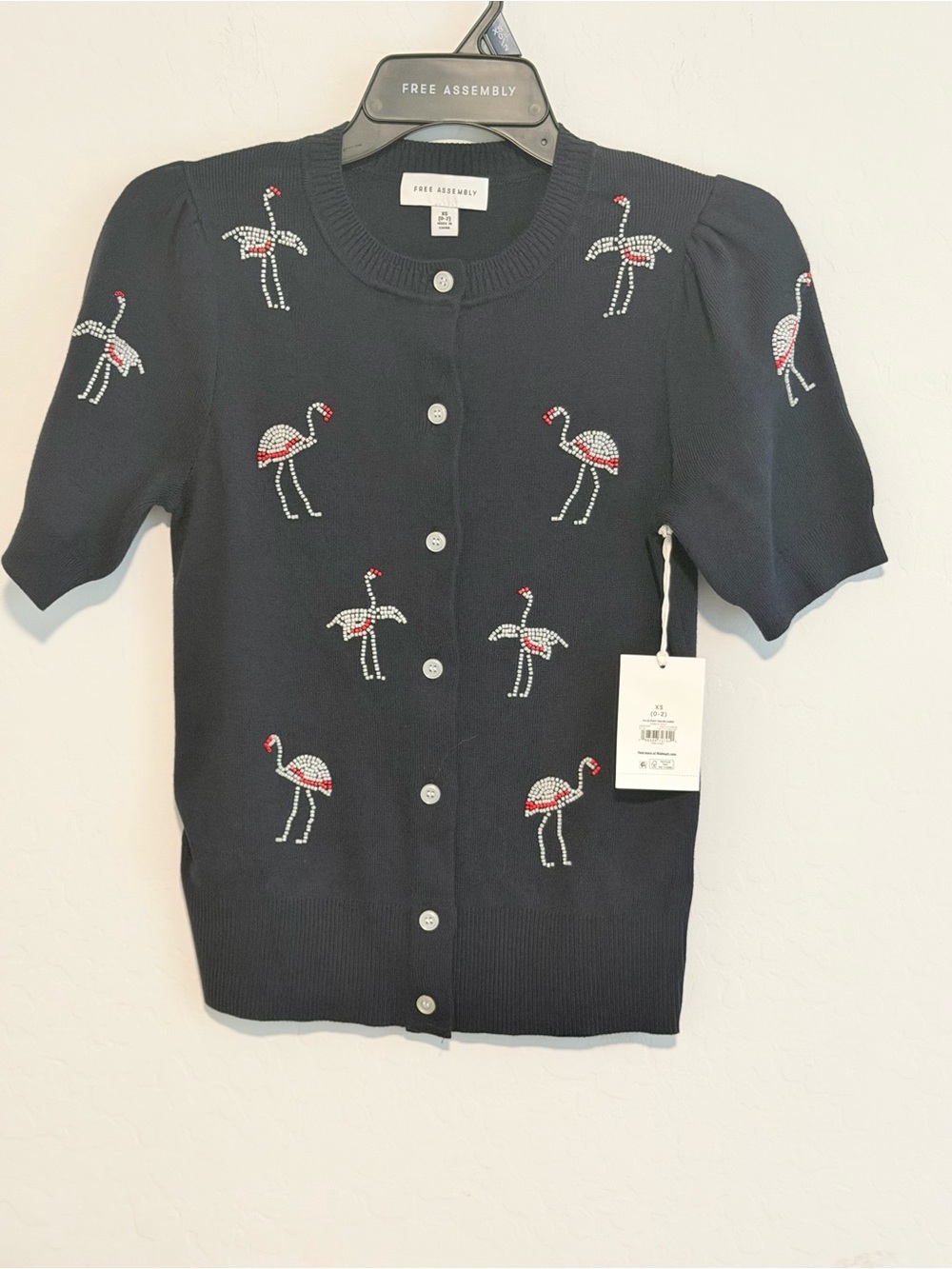 Free Assembly Black Flamingo-Embroidered Button Down Top